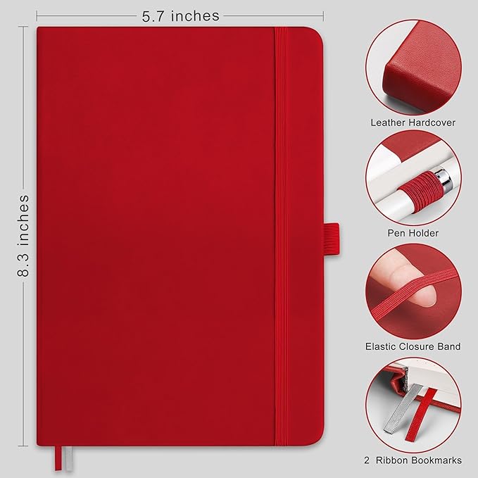 RETTACY Dotted Journal Notebook, 2-Pack, 160 Numbered Pages per Pack, A5 Medium Size (5.7'' x 8.3''), 120 GSM Thick Paper, Leather Hardcover, for Journaling, Planning, Tracking (Black & Red)