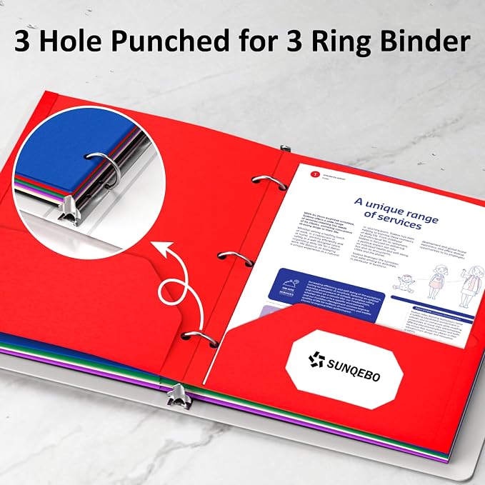2 Pocket Folders with 3 Hole Punch, 6 Pack, Fit 3 Ring Binder, 10 Labels | Heavy Duty Paper Folders with Pockets, Aesthetic Colored File Folders, for Office Business School, for Letter Size Paper