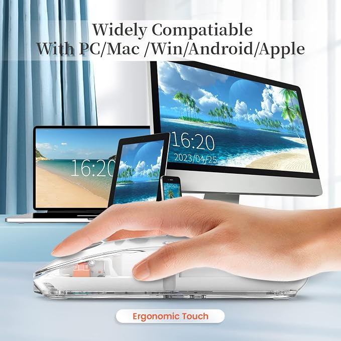 AJAZZ Wireless Bluetooth5.1&2.4G Mini Lightweight Mouse,Transparent Clear Cool,Rechargeable Silent Computer Mice,Nano USB C Receiver,LED Battery Magic Silm for Office/PC/Mac/Laptop/Apple/ipad(White)