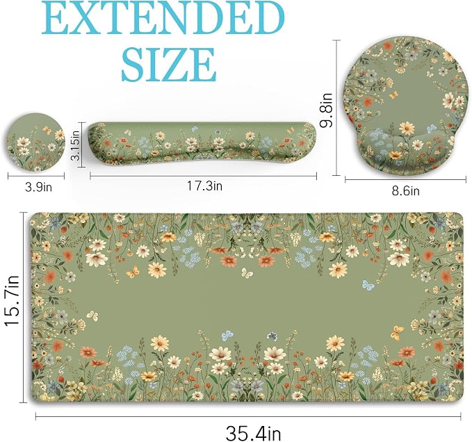LIMKRIAN Floral Desk Mat Set, Cute Green Desk Accessories Gifts for Women | Mouse Pad with Gel Wrist Rest, XXL Large Desk Pad, Ergonomic Keyboard Wrist Support, Stitched Edges, Cup Coaster, Desk Decor