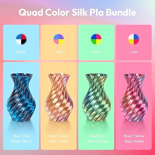 AMOLEN Silk PLA 3D Printer Filament Bundle, Shiny Silkverse 4 Colors in 1 Filament 1.75mm Pack Multi Color from 4 Angles, 4×200g