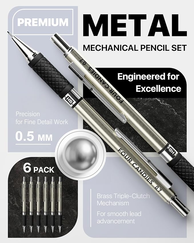 6PCS Metal Mechanical Pencil Set with 0.5 mm Fine Point, 360 Leads, 12 Erasers, Art Mechanical Pencils Pack with Storage Case for School Writing, Sketching, Drawing & Professional Drafting
