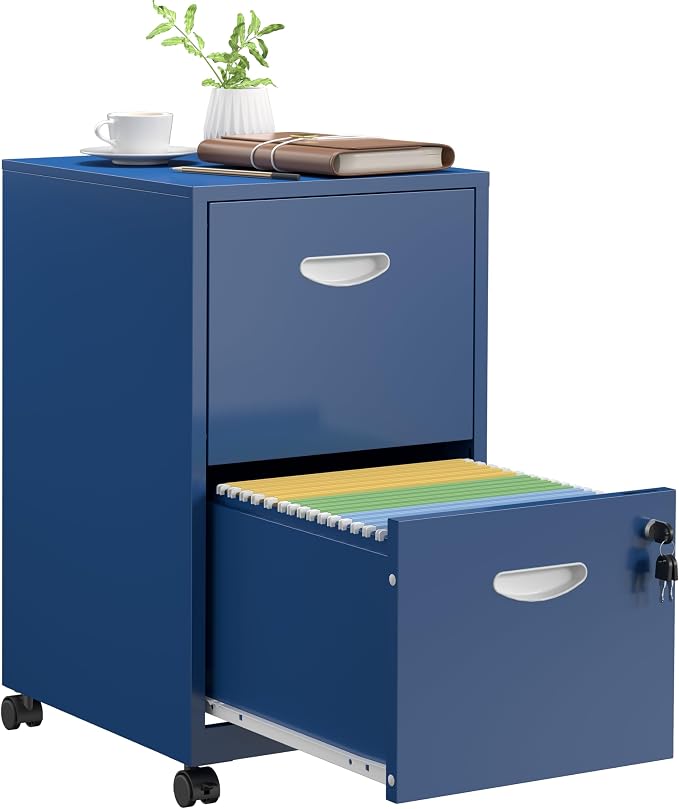 SteeLoong 2 Drawer File Cabinet,Metal Mobile File Cabinet with Lock Blue | Filing Cabinet with Wheel,Vertical File Cabinet for Home Office,Under Desk Rolling File Cabinets for Hanging Letter/A4