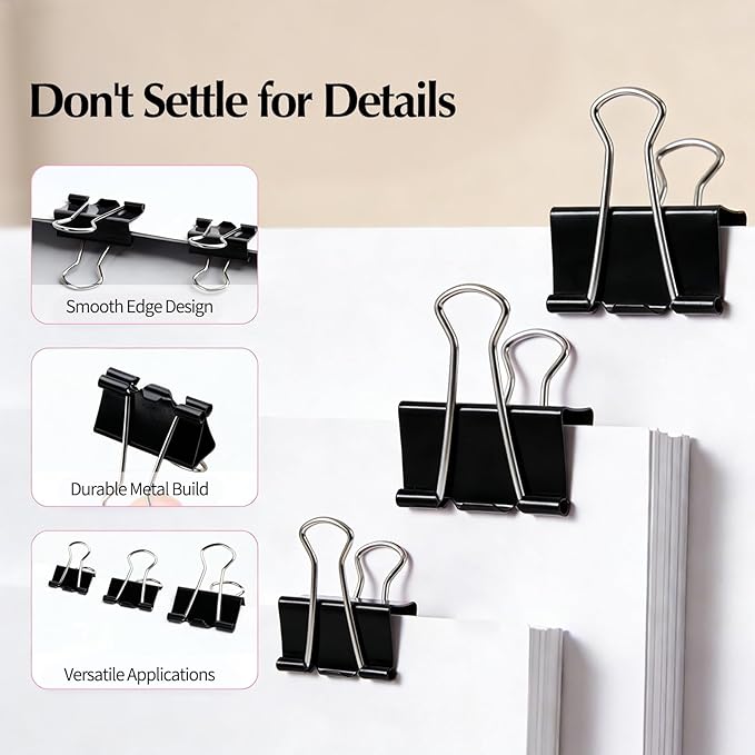Binder Clips Assorted Sizes, Durable Metal Binder Clips for Office, Cute Desk Supplies for Teachers Student (60, Black)