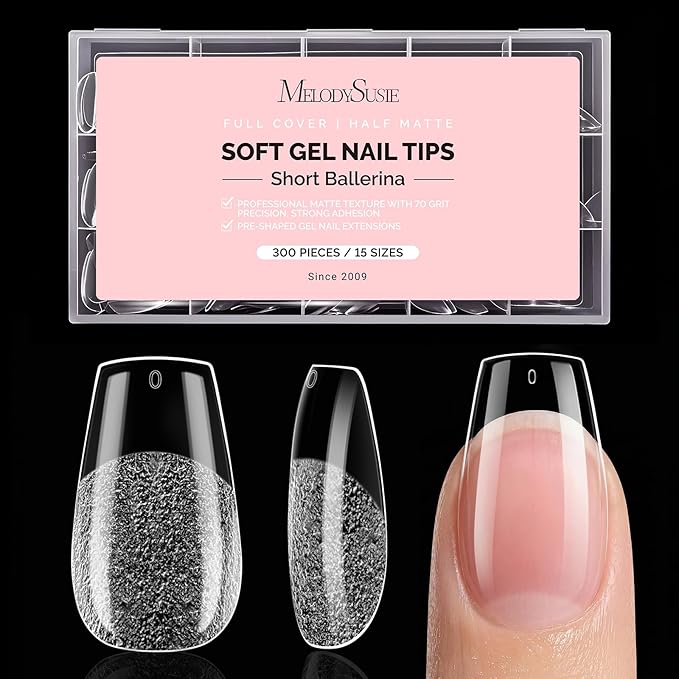 MelodySusie Short Ballerina X Nail Tips - 300Pcs 15 Sizes Clear Acrylic, Half Matte Full Cover Press on Nails for DIY Extension & Salon Use,Pre-Shaped for Long-Lasting Manicure