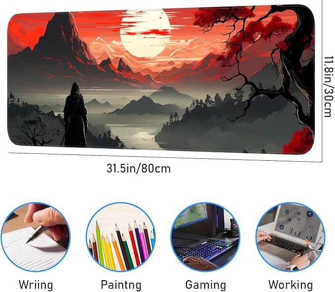 Japanese Gaming Mouse Pad, Non-Slip Rubber Base with Stitched Edge Mouse Pad for Office, Laptop, 31.5x11.8 Inch Anime Gaming Keyboard Pad