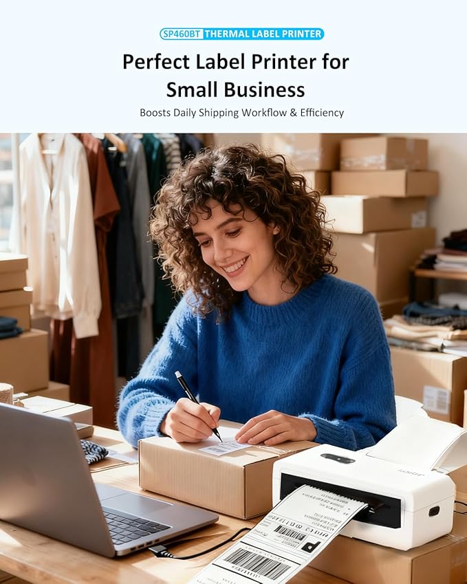 Bluetooth Thermal Shipping Label Printer, 4x6 Wireless High-Speed Label Printers for Small Business, Compatible with Android, iPhone, Windows & Mac, Widely Used for Tiktok, Shopify, USPS, SP460BT