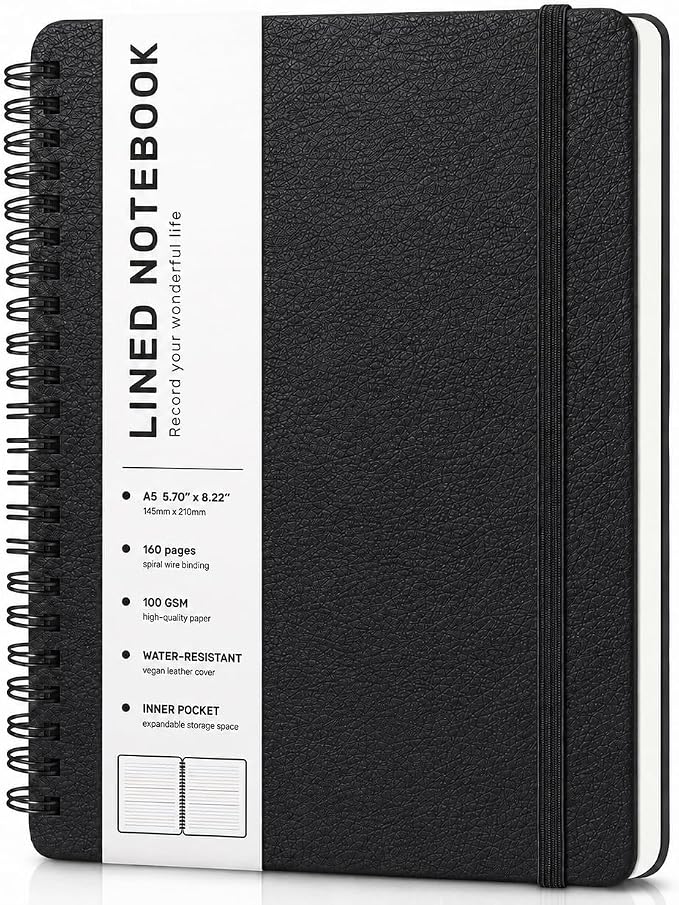 Lined Spiral Notebook for Women, A5 College Ruled Leather Spiral Journals | 160 Pages Small Journaling Notebooks, 5.7"x11" Note Book for Writing, Work, School, Men, Hardcover Leather Journals, Black