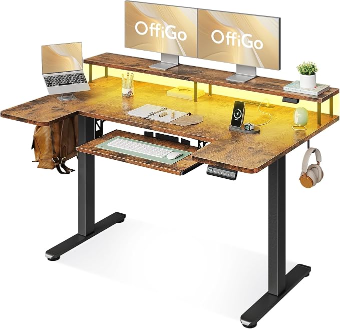 55 Inch U Shaped Standing Desk with Keyboard Tray, Rustic Brown | Power Outlet, Dual-Monitor Stand, LED Light, 3 Presets, 28.3"-46.5"in Range, 154 lb Capacity