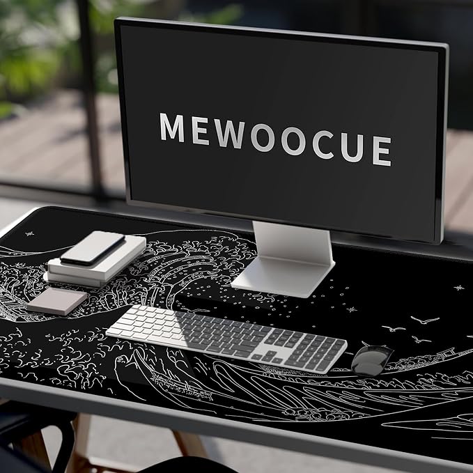 MEWOOCUE® Large Gaming Mouse Pad for Computer,Black Japanese Sea Wave Anime Mouse Mat,Long XXL Waterproof Keyboard Pads,Big Non-Slip Mouse Pads for Game Office Home（47.2 x 23.6 in）