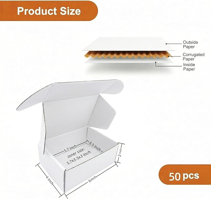 Small White Boxes 6x4x3 Inches 50 Pack | Business Tiny Recyclable Cardboard Mailing Box for Storage and Shipping