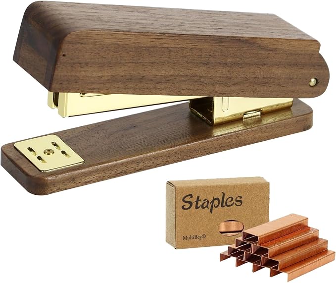 MultiBey Walnut Wood Stapler for Desk, 25 Sheet Capacity with 1000 Staples | Jam-Free Natural Woodgrain Stapler. Retro Desktop Staplers & Accessories for Office, Home & School