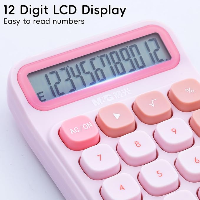 M&G Mechanical Switch Calculator, 12 Digits, Large LCD Display and Big Buttons, Cute Pink Desktop Calculator for Office, Home, School (Battery Included)
