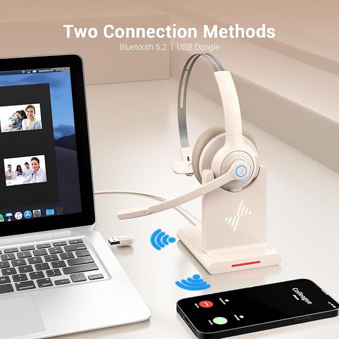 JIAMQISHI Bluetooth Wireless Headset with Mic for Work, Bluetooth 5.2, Advanced Noise Reduction Microphone, Clear Calls - Comfortable On-Ear Headphones, Applicable to PC, Laptop, Phone, Android, Zoom