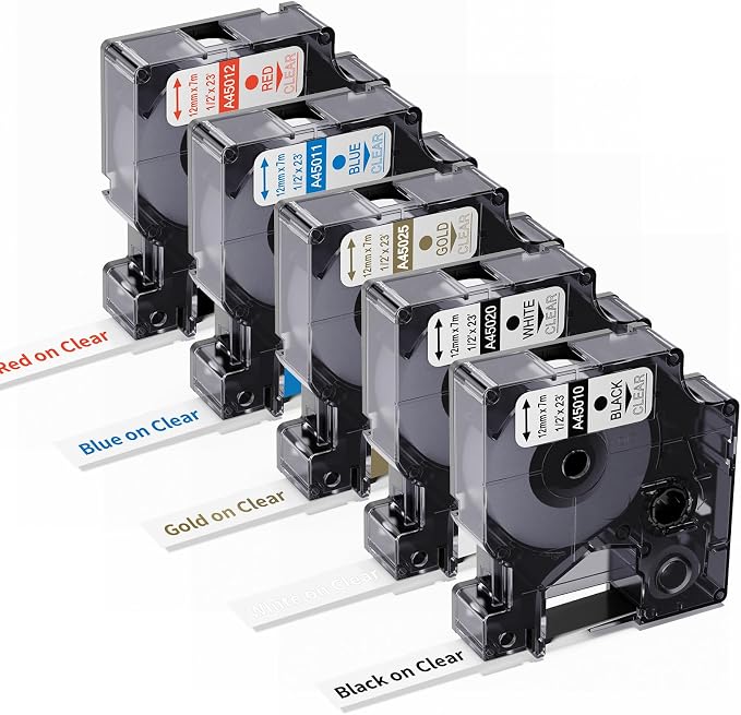 5-PK Replace for DYMO Label Maker Refills Clear Colored Set 1/2 Inch x 23Ft | Gold/Blue/Red/Black/White on Clear Compatible with DYMO D1 Label Tape Cartridges Clear for LabelManager160 210D 280 360D 420P