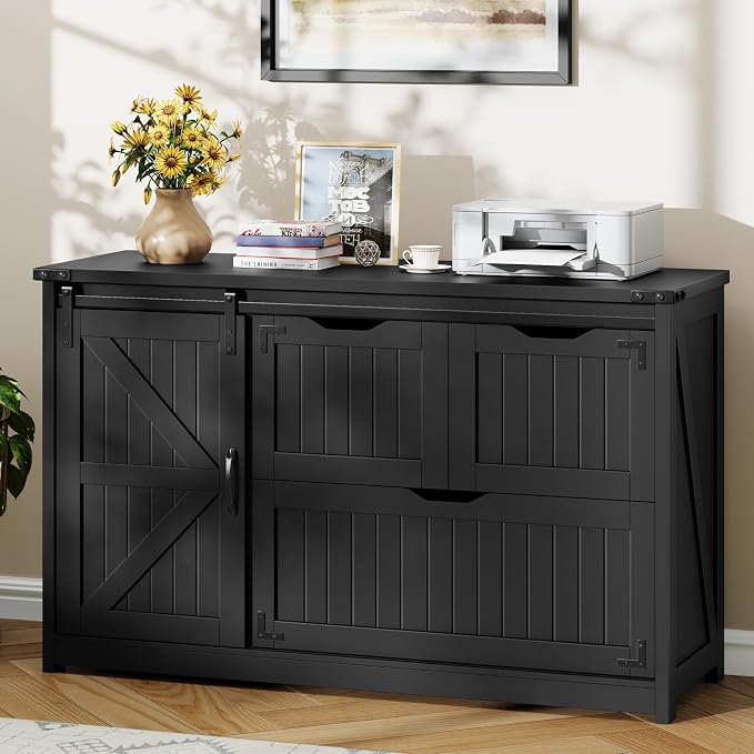 Halitaa 47.8” Farmhouse File Cabinet with Sliding Barn Door, Pure Black | Lateral Filing Storage Cabinets with Adjustable Shelf, 3 Drawers,Office Printer Stand for Hanging Files Letter/Legal/A4/F4