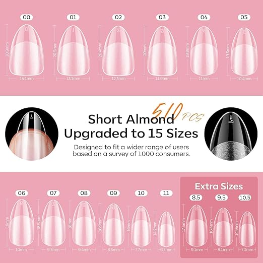 modelonesX Nail Gel Kit,15Sizes Pre-shaped Gel Nail Tips Short Almond Shape, 9-in-One Glue Prep Dehydrator & Portable Led Lamp, 510Pcs Press On Extension Kit Gift for Women
