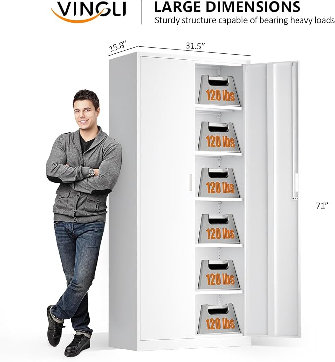 VINGLI Metal Garage Storage Cabinet with 2 Doors and 5 Adjustable Shelves, 71" Tall Steel Lockable File Cabinet, Locking Tool Cabinets for Home Office Garage Gym School (White)