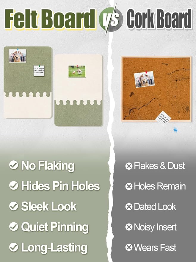 2Pcs Thickened Felt Bulletin Board for Home Office Wall Decor, 23.6x15.8in | Create a Comfy, Personalized Office, 2-Tone Vision Pin Board with Pins & Nano Tapes, Cork Boards Alternative, Sage/Camel