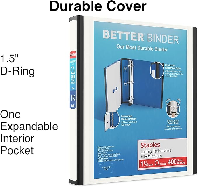 Staples Heavy-Duty 1.5-Inch D-Ring Binder – Large Capacity 3-Ring Binder with Pockets & Spine Label for School & Office