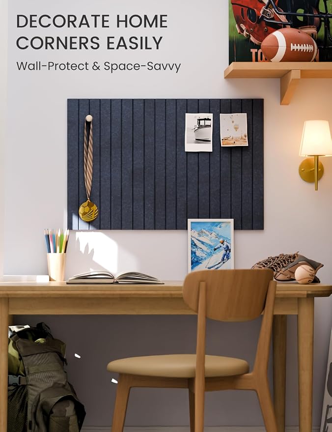 28" x 18" Felt Bulletin Board Tiles, Fine Stripe, Navy Blue | 6-Pack Cork Board Alternative, 30 Adhesive Tabs, Push Pin Board, Wall Decor, Office, Home, Classroom, Dorm