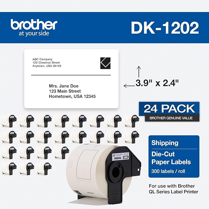 Brother® Genuine DK-120224PK Die-Cut Shipping Paper Labels, 2-7/16" x 3-15/16", White, 300 Labels Per Roll, Box Of 24 Rolls