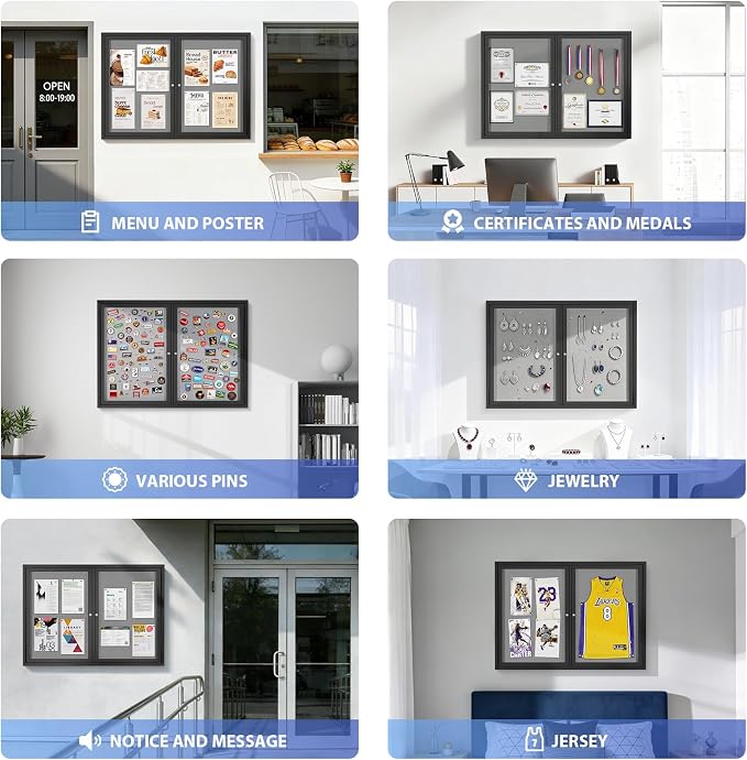 SWANCROWN 48x34 in Outdoor Bulletin Board Pin Notice Board, Black Frame | Enclosed, Shatterproof, Weatherproof, Grey Felt, Black Aluminum Frame, Display Board for Office School Business Community