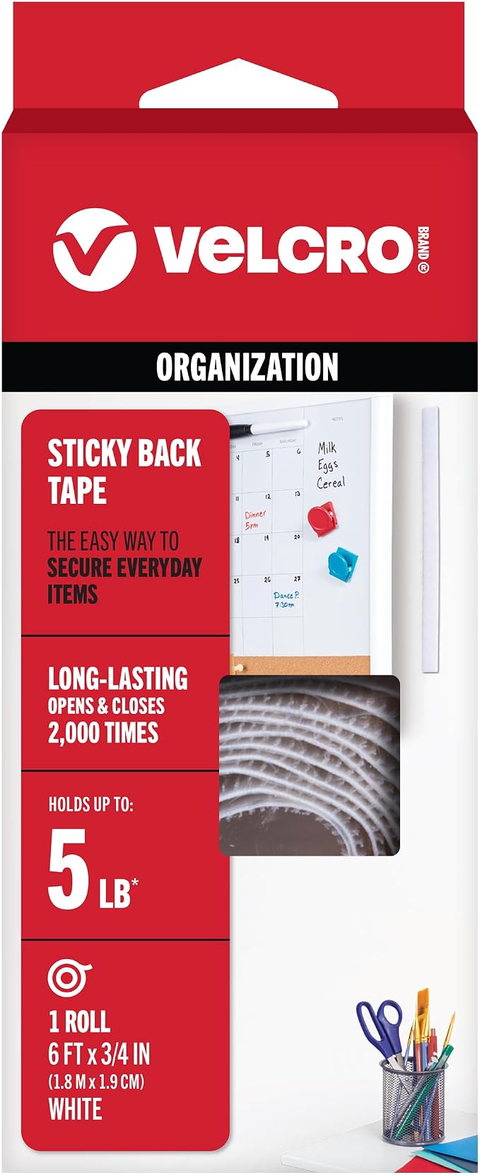 VELCRO Brand 6 Ft x 3/4 in | Sticky Back Tape Roll with Adhesive | Cut Strips to Length | Hook and Loop Fasteners | Perfect for Home, Office or Classroom, White, 90976W