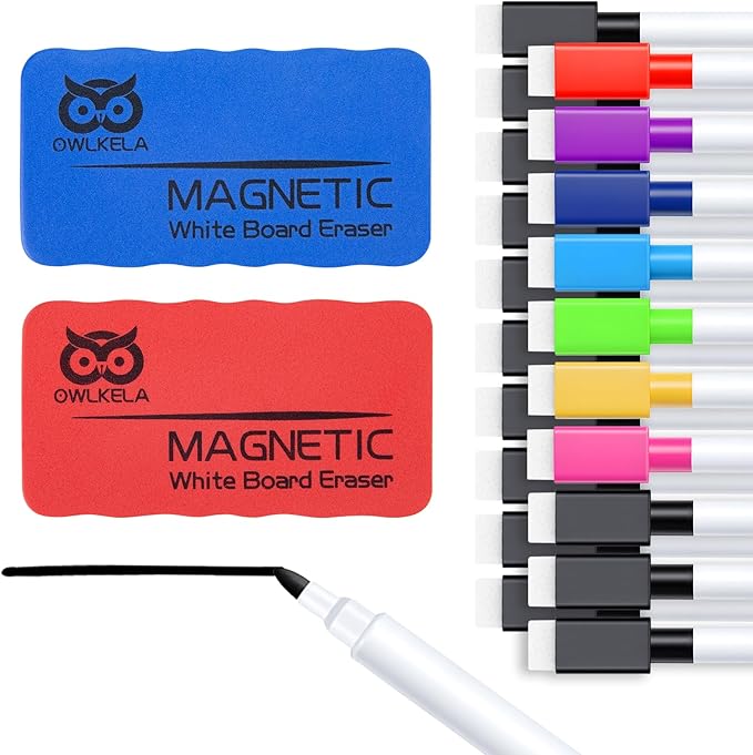 OWLKELA 20 Pcs Colorful Magnetic Erasable Markers for Whiteboard, Dry Erase Markers with Eraser, Low Odor Magnetic Eraser, White Board Markers for Office, Classroom, Home, 8 Color