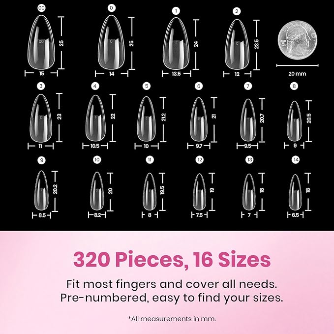 Beetles Medium Almond Nail Tips, 320pcs 16 Sizes(00-14), Pre-Etched Half-Matte Full Cover Soft Gel Nail Tips Flat-X, Clear Press On Fake Nails Acrylic, Easy DIY Nail Extension Salon Gift for Women