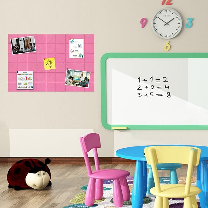 Large Square Felt Cork Board Tiles, Self Adhesive DIY Felt Bulletin Board Pin Board with 35 Pushpins for Office School Home Wall Decor Stickers Memos Photos Display (Pink)
