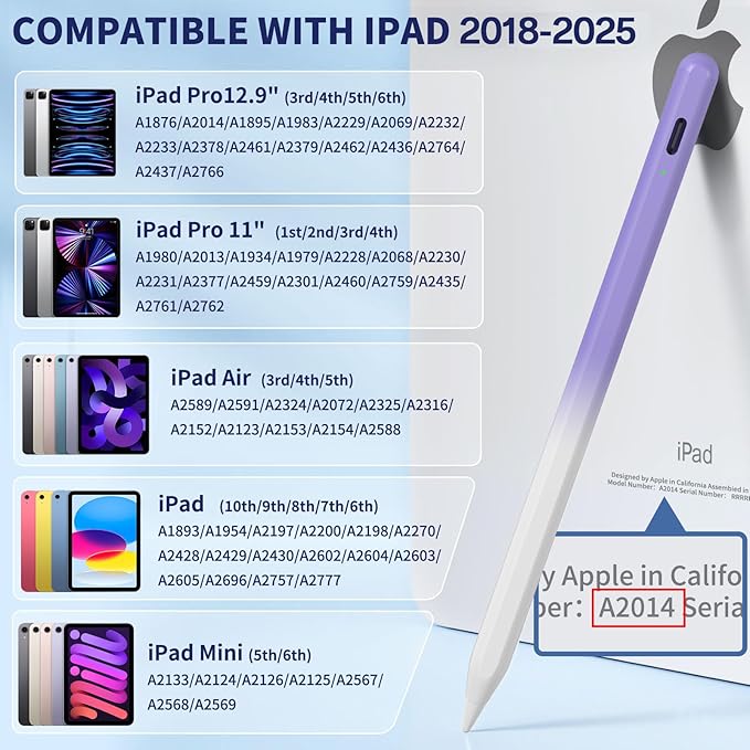 iPad Pencil for 9th & 10th Generation, Fast Charge Stylus Pen for Palm Rejection and Tilt Sensitivity, Compatible with iPad Pro 11/12.9in, Mini 5/6, iPad 6/7/8/9/10, Air 3/4/5 (W/PU)