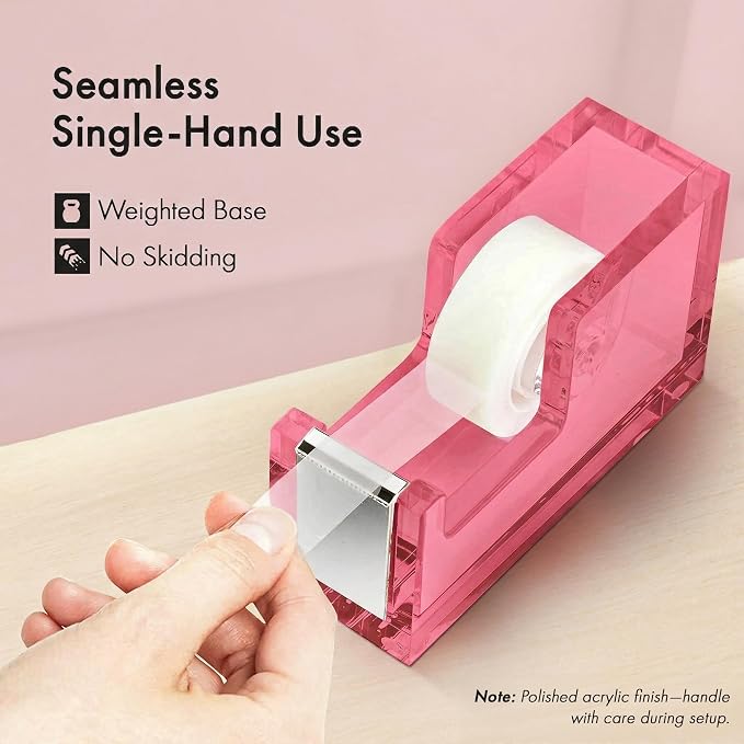OfficeGoods Acrylic Tape Dispenser, Aesthetic and Compact Design, Pink | Modern desk accessory for office, Heavy duty refillable tape holder for crafting, Stylish desktop accessory for gift wrapping
