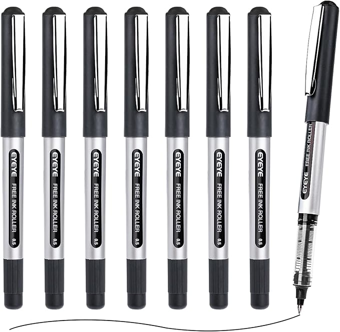 EYEYE Black Rollerball Pens 0.5mm, 8 Pack Extra Fine Point Roller Ball Pen | Back to School Essential, Quick Drying, Liquid Ink Pens Fine Point Smooth Writing Pen for Journaling, Office Supplies