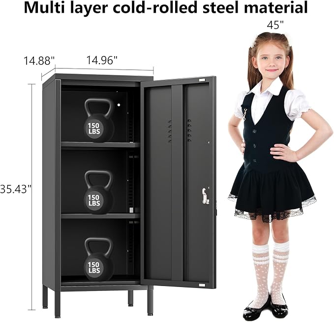 Metal Storage Locker,35.4" H Home Office Storage Lockers for Employees with 1 Locking Door ＆ 2 Adjustable Shelves,File Storage Cabinets forGarage, School, Office, Gym (Black)