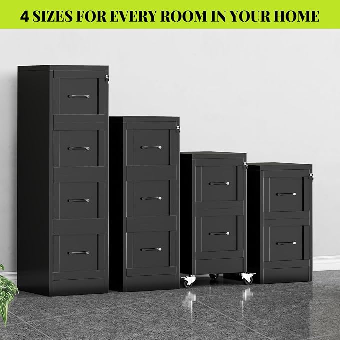 4-Drawer Metal File Cabinet with Lock, Tall Narrow Vertical, Black | Tall metal filing cabinet with adjustable rails for Letter, Legal and A4 folders; one lock secures all four drawers