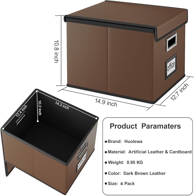 File Organizer Box with Lids, Collapsible File Folder Organizer | File Box with Plastic Slides for Document, Filing Bin for Letter Size Hanging File Folders (4 Pack, Dark Brown, Leather)