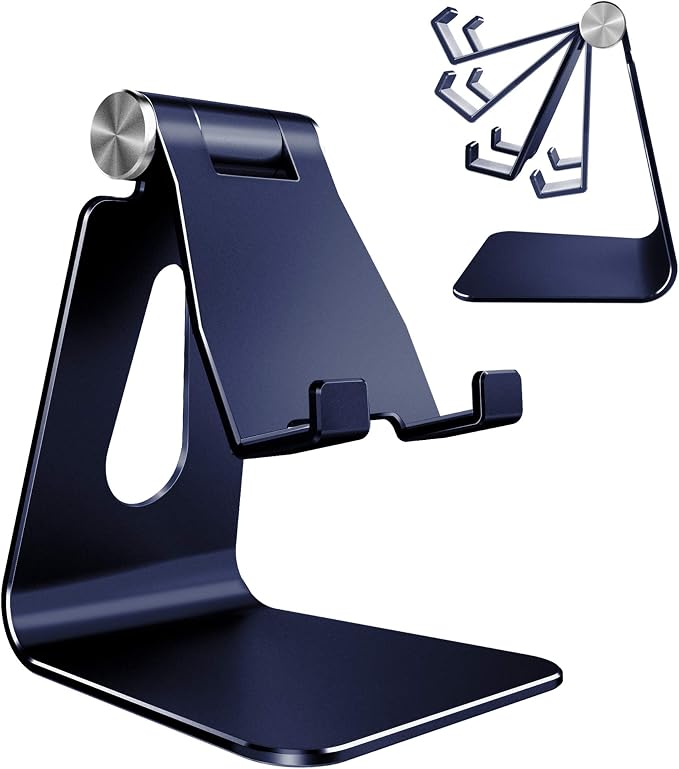 CreaDream Aluminum Cell Phone Stand, Adjustable Phone Holder for Desk | Adjustable Viewing Angle, Desktop Stand, Stable Base, Fits iPhone 17 16 15 14 13 Pro Max Desk Accessories, Navy Blue