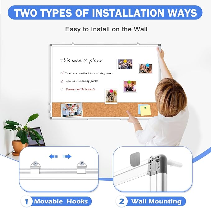 Whiteboard Cork Board Combo for Wall, 36" x 24" Dry Erase Whiteboard | Double-Sided Magnetic, Corkboard White Board Combo, Bulletin Board, Aluminium Frame, Hang Wall Mount, Office Home School