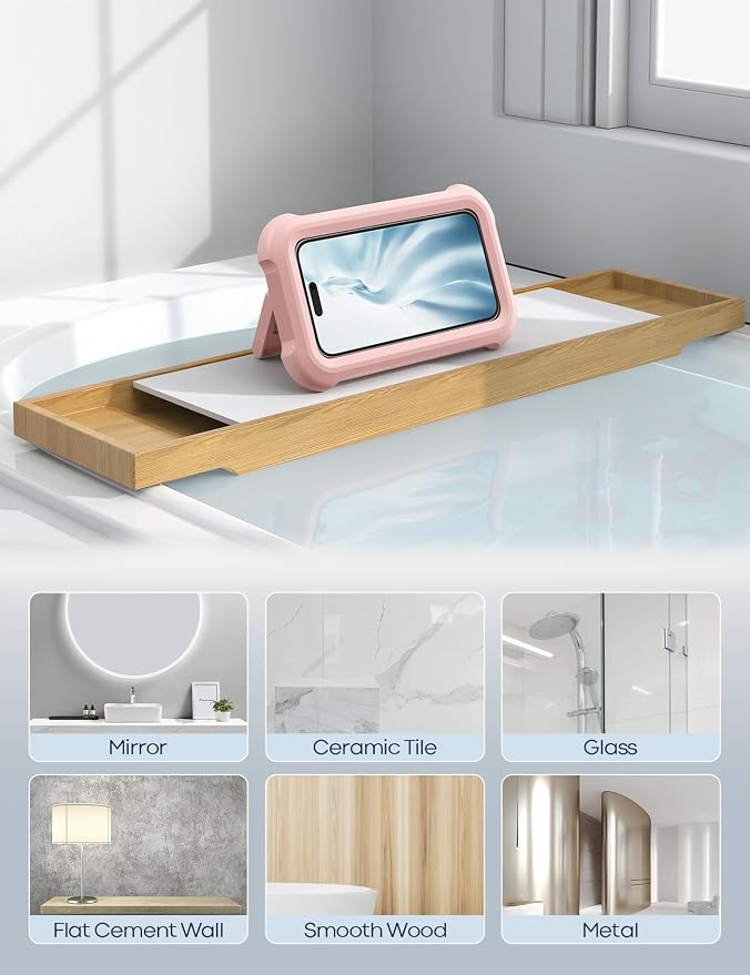 Lamicall Pink Waterproof Shower Phone Case Holder, 2-in-1 Wall Mount Stand | Women Girls Gift Gadget, Bathroom Wall Mount, Shower Walls & Surrounds Accessories for School Dorm College, for 4-7" Phones