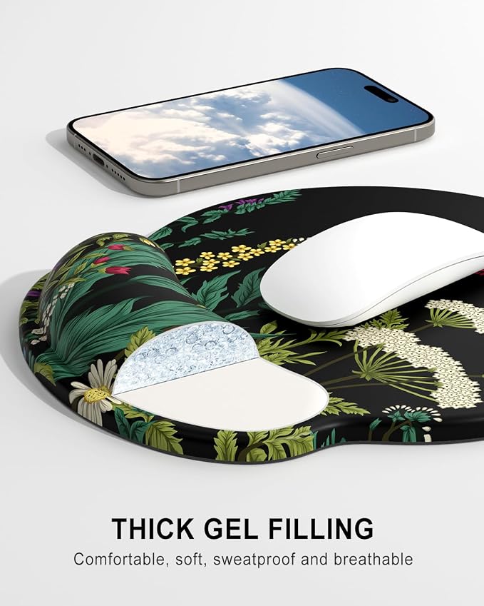 Auhoahsil Ergonomic Mouse Pad with Wrist Rest, Comfortable Silicone Non-Slip Computer Pain Relief Gel Mouse Mat with Wrist Support for Gaming, Work, Office, Women & Men, Cute Pattern, Night Flowers