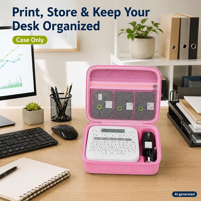 GWCASE Hard Label Maker Case for Brother P-Touch PT-D220/PT-D210, Case Only | Label printer case with shaped tray and zip mesh pocket for label tapes, batteries and AC adapter in home office storage