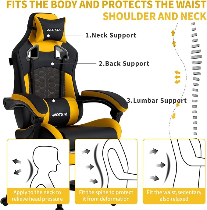 Gaming Chair with Massage,Ergonomic PC Gaming Chair with Footrest Comfortable Headrest and Lumbar Support,High Back Game Chair PVC Leather,300LBS (Sunflower Yellow)