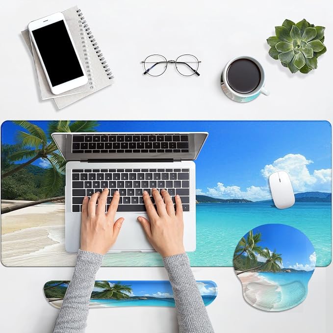 Arttown Keyboard Mouse Pad Set, 4 in 1 Desk Mat Set Tropical Beach Ocean | Summer Sunshine Large Mousepad+Keyboard Wrist Rest+Mouse Wrist Rest+Coaster Ergonomic Design for Home Office Computer