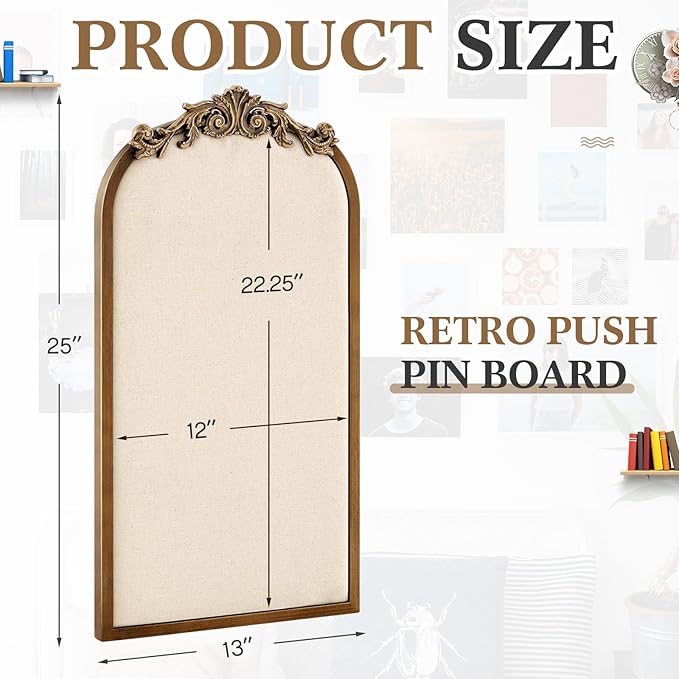 Vintage Framed Pin Board Linen Display Bulletin Board Large Ornate Fabric Picture Photo Pinboard Memo Decorative Prayer Pinboard Ornate for Wall Gift(Arch,13" X 25",Vintage Golden)