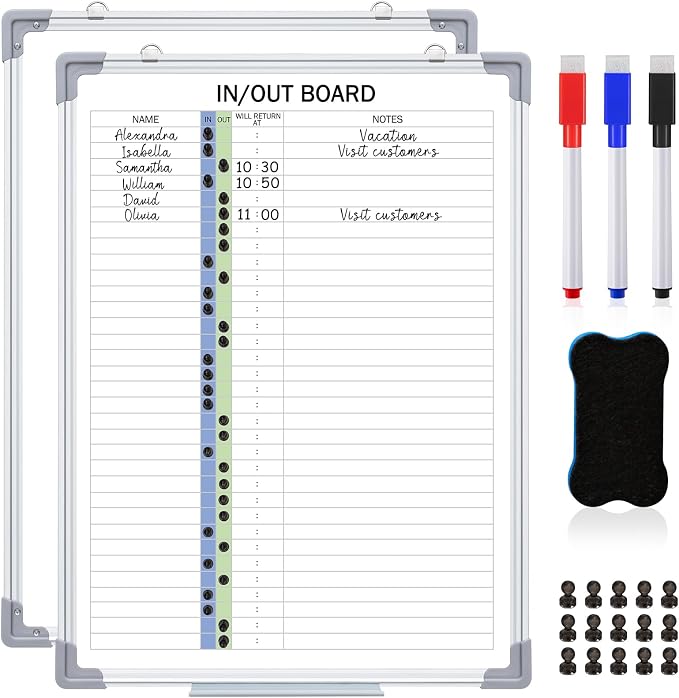 in and Out Magnetic Dry-Erase Board 24" x 18" Aluminum Framed White Board with Lines 33 Names with Magnetic Dry-Erase Marker, Eraser, and 35 Magnets Wall-Mounted for Office Employee