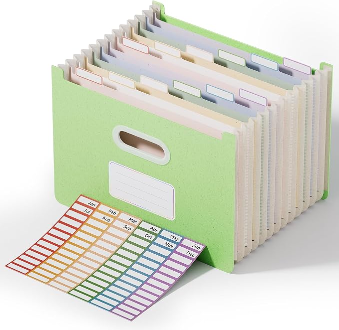 ThinkTex 12-Pocket Accordion File Organizer, Upright Open Top, Letter/A4 | Large Capacity Wheat Straw File Folders, File Organizer for Taxes, Bills, Medical Records, School, Office- Grass Green