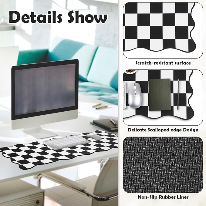 1 Pcs Black Scalloped Checkered Desk Mat 31.5 x 11.8 Inch Large Cute Mouse Pad Computer Mat Non Slip Waterproof Rubber Base with Border Stitching Soft Keyboard Pad for Home Office Gaming Makeup