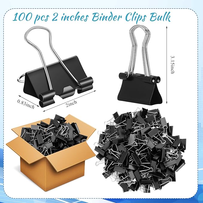 Jetec 100 Pcs Extra Large Binder Clips Bulk 2 Inch Metal Jumbo Binder Clips Office Supplies Black Paper Clamps for Teachers Students Office Business Supplies