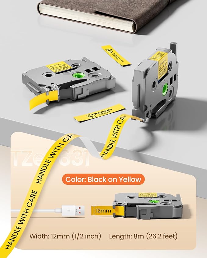 Yellow Label Maker Tape Replacement for Brother P Touch Label Tape TZe-631 TZe631 TZe TZ 12mm 0.47 Laminated Yellow for Brother PT-D210, PT-D220, PT-H110, PT-D400, PT-D410, PT-D600, 12mm x 8m, 4-Pack